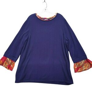Chicos‎ Sweater Womens Sz 4 XXL Navy Blue Paisley Trim Layered Look Knit Top